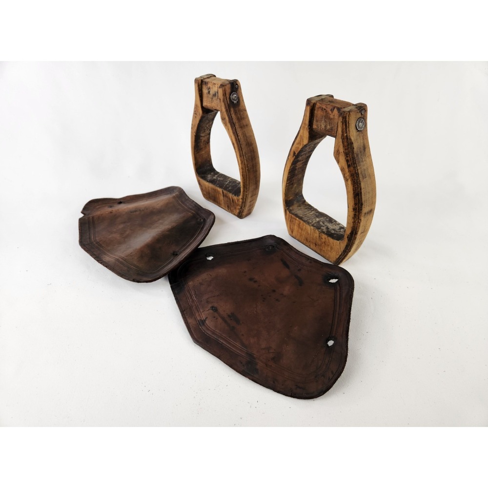 Antique‎ Wooden Stirrups & Leather Tapaderos Boot Cover Hand Carved Horse Saddle
